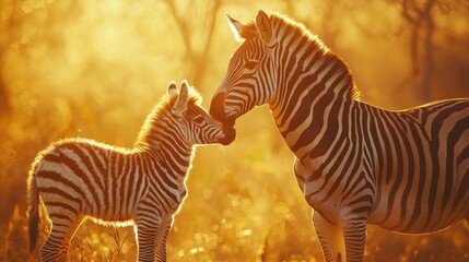 Wall Mural - Mother zebra nuzzling her adorable foal in golden sunset light.