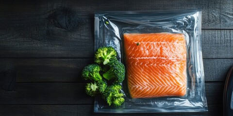 Wall Mural - Vacuum sealed salmon fillet resting on a dark wooden table with fresh broccoli and vacuum bags alongside creating a clean cooking space