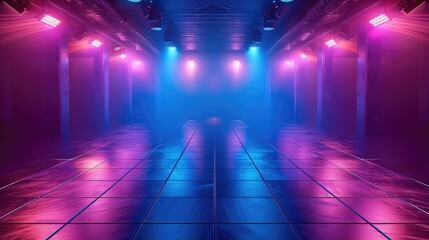 Poster - Empty dance floor, dramatic spotlights casting geometric light patterns, sleek polished surface, blue and purple neon glow.