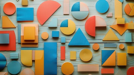 Leinwandbilder - A organized desk setup with a light wooden surface with many colorful flat geometric paper shapes like circle, rectangle, triangles isolated laying around.