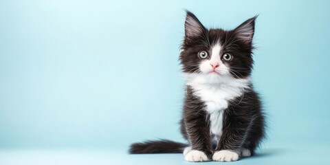 Black and white Maine Coon kitten sitting on light blue background with soft fur and big ears, centered in the frame with a curious expression.