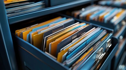 Poster - Organized filing system with colorful document folders in a blue cabinet showcasing efficient storage solutions for office environments