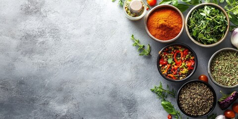 Wall Mural - Aerial view of vibrant spices herbs in black bowls on gray concrete background with fresh greens tomatoes creating a colorful culinary display