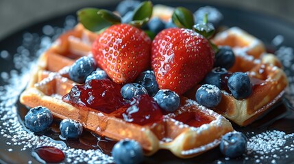 Poster - Heart shaped waffles, adorned with strawberries, blueberries, and jam.