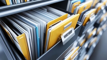 Poster - Organized Files in Metal Cabinet Representing Efficient Online Documentation and Database Management for Various Projects and Research Needs