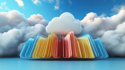 Poster - colorful cloud storage concept with open folders and blue sky background representing online documen