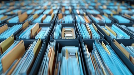 Poster - A Vast Collection of Files and Documentation Organized in Baskets with Colorful Folders, Showcasing an Online Database System for Easy Access and Management