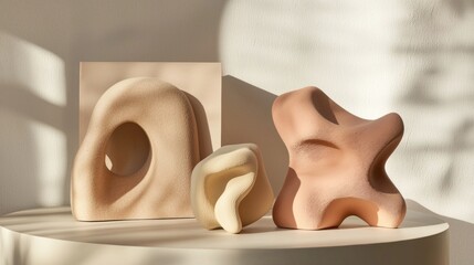 Poster - Mocha mousse sculptures are arranged on a minimalist table, casting intriguing shadows as the soft natural light accentuates their unique textures and forms, creating an artistic focal point