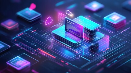 Poster - futuristic concept of online documentation and database management with digital elements and cloud t