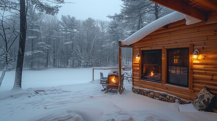 Poster - Nice cozy cabin in a wood full of snow, the snow is falling, very nice and romantic winter camping view, cozy fireplace.