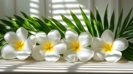 Canvas Print - Plumeria blooms with palm leaves.