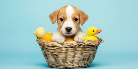 Wall Mural - Adorable puppy with light brown and white fur nestled in a duck-shaped basket filled with colorful eggs against a bright blue background.