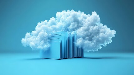 Poster - cloud computing concept with file folders emerging from a soft blue cloud representing online docume
