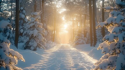 Poster - A winter forest with green trees covered in snow, a sunny day with sunlight streaming through the branches.