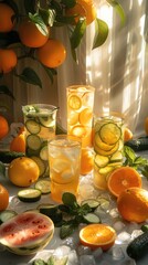 Poster - Fruit and vegetable juice with various fruits and vegetables on the table, surrounded by plastic cups of different sizes filled with yellow lemonade, watermelon slices and cucumber slices.