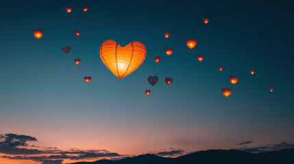 Wall Mural - Floating Heart Lanterns Against a Twilight Sky Creating a Magical Atmosphere of Love and Hope with Soft Glow and Beautiful Silhouettes in the Background