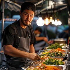 Poster - A local food truck with chefs preparing dishes, chopping vegetables, and plating meals.