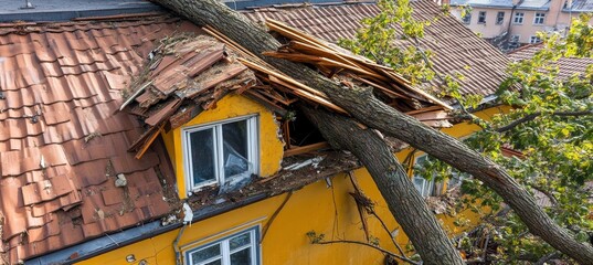 Tree Fallen on House After Storm Damage Aerial View With Roof And Structural Damage For Insurance