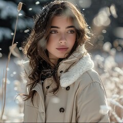 Wall Mural - A model wearing a jacket stands on the snow in the snowy winter.