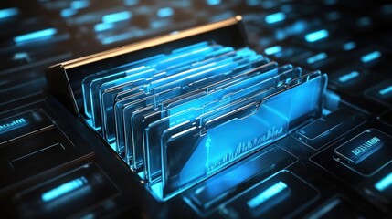 Poster - digital storage concept depicting transparent folders over a binary code background, representing gl