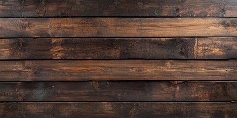 Wall Mural - Deep brown rustic wooden backdrop with rich texture, horizontal planks arranged evenly, displaying a weathered and aged appearance.