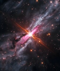 Wall Mural - A celestial gradient blending deep space black, shimmering stardust silver, and radiant galaxy magenta in a cosmic burst.