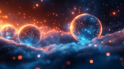 Wall Mural - a rhythmic arrangement of glowing spheres with bright highlights reflected in a deep blue space.