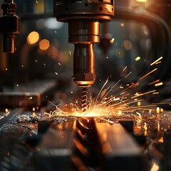 Fototapete - A high-performance drilling machine with angled drill bit piercing through a hard material. Bright sparks fly dramatically from the contact point, lighting up the industrial scene with a fiery glow.