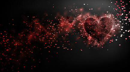 Poster - A hearts flying around like a particles on a black solid background.