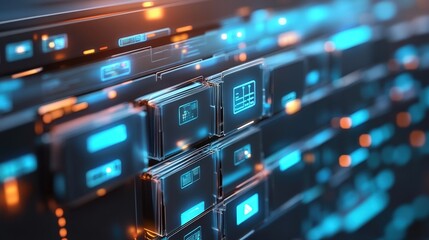 Poster - futuristic electronic document management system interface with digital elements and glowing effects