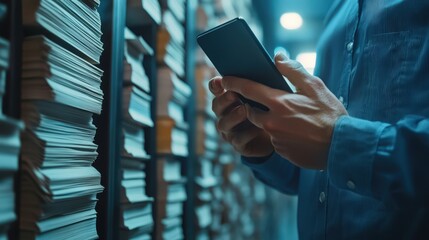 Poster - man holding smartphone surrounded by stacks of documents in indoor archive setting while engaged in 