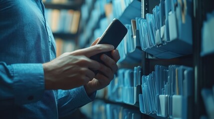 Poster - focused man using smartphone in archive room surrounded by organized document folders, capturing mod