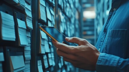 Poster - Man Using Smartphone in Archive Room Surrounded by Filings and Document Storage for Efficient Data Management