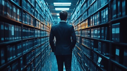 Poster - professional male staff member navigating dark document archive with rows of storage shelves and org