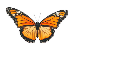 Wall Mural - A butterfly with orange wings flies over a white background