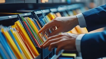 Poster - Organized Document Management System with Colorful Files and Professional Hands Sorting Through Paperwork in Modern Office Environment