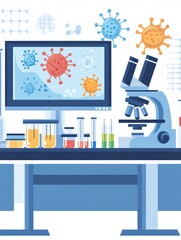 Leinwandbilder - Laboratory setup featuring microscopes, test tubes, and digital visuals of bacteria in a research environment. Generative AI