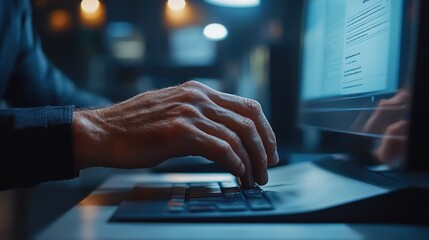 Poster - close-up of a business professional's hand typing on a laptop keyboard in a dimly lit office environ
