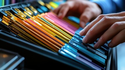 Poster - Hands Organizing Colorful Files in an Office Setting with a Focus on Efficient Document Management Systems and Organizational Techniques