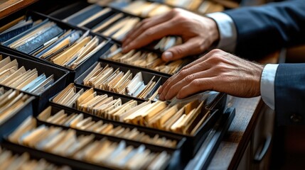Poster - Hands of a Businessman Sorting Through a Vintage File Cabinet Filled with Organized Paper Documents in an Office Environment