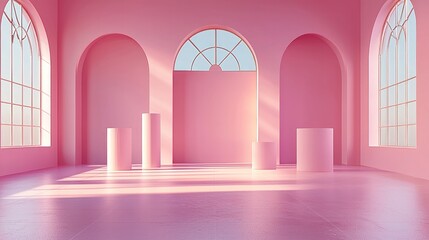 Aufkleber - A minimal stand podium wall scene with a soft pastel color background, Geometric shapes such as cylinders, cubes, and arches are arranged elegantly for product display presentation.