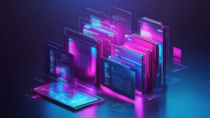 Poster - digital document management system concept with interactive folder interfaces and futuristic design 