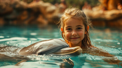 Young Child Girl Engaging With a Dolphin in Clear Waters During