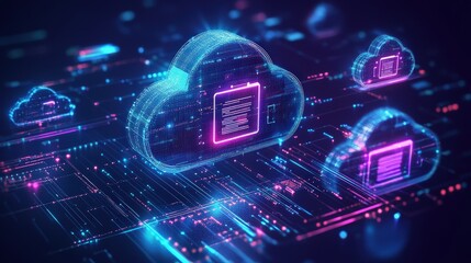 Poster - futuristic digital interface with cloud symbols and data connections in a vibrant neon design for te
