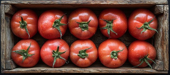 Wall Mural - Ripe red tomatoes in a wooden crate, rustic setting, farm fresh produce, food photography