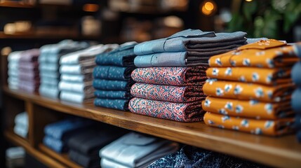 Poster - Close up shot of women shirts folded on a display shelf.