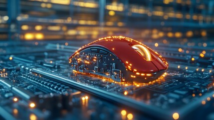 Poster - Modern computer mouse resting on a high-tech circuit board featuring glowing components, showcasing the blend of innovative technology and sleek design used in gaming gadgets