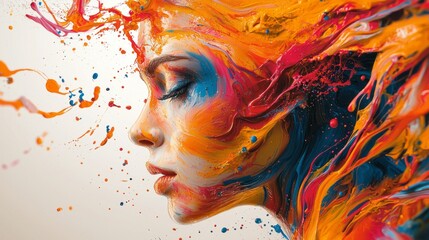 Aufkleber - A captivating abstract portrait reveals a woman's profile, immersed in a riot of color. Vivid brush strokes blend beautifully, evoking passion and creativity in a remarkable artistic display