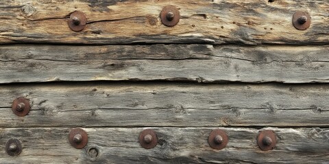 Wall Mural - Textured weathered wooden plank with uneven surfaces and rusted nails, dark brown and gray tones, horizontal alignment, rustic weathered appearance.