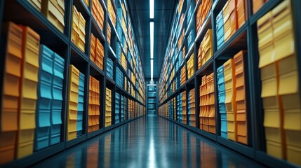 Poster - Digital Document Management System with Colorful Folders in a Modern Storage Facility for Online Approval Processes